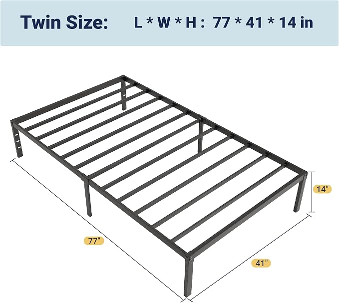 Allewie Twin Bed Frame, 14 inch Metal Beds with Storage Space, Black | Heavy-Duty Metal Platform Beds, Large Under-Bed Storage Space, No Box Spring Needed, Easy Assembly