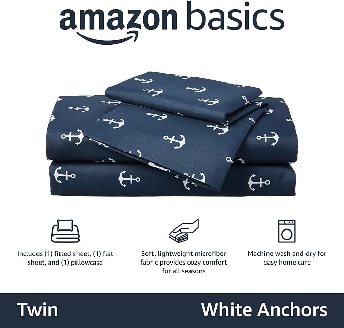 Amazon Basics Kid's Breathable Soft Microfiber 3-Piece Sheet Set, Easy-Wash, Machine Washable, Twin, White Anchors, Printed