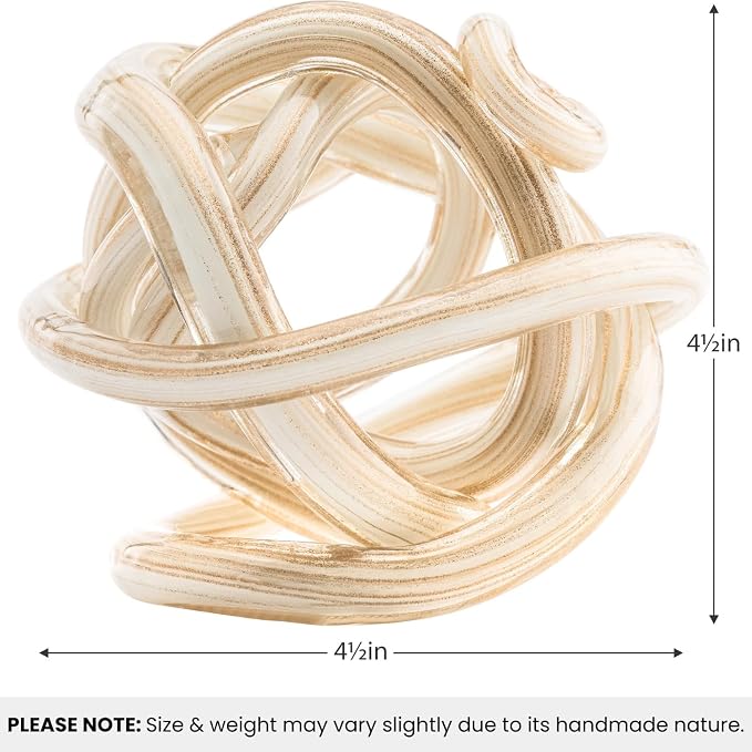 Torre & Tagus Orbit Hand Blown Glass Infinity Knot Sculpture - 4.5 Inch Glass Art White & Gold Knot Decor Ball for Home Decor, Small Centerpiece Table Decoration for Home Interior (White Gold Flakes)