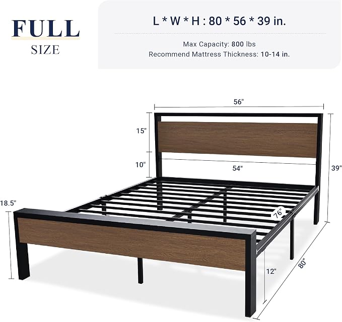 Allewie Full Size Bed Frame, Heavy Duty 12 Metal Slats Support, Walnut | Wooden Headboard and Footboard, Modern Platform Bed, No Box Spring Needed, Under-Bed Storage, Noise Free, Easy Assembly