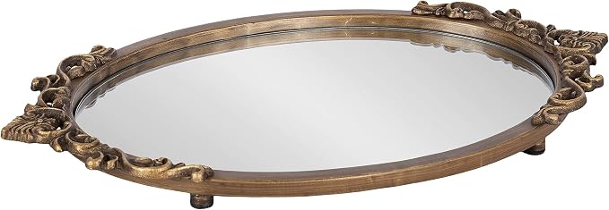 Kate and Laurel Arendahl Vintage Oval Mirrored Decorative Tray; 17 x 10; Antique Gold; Traditional Ottoman Tray for Living Room Home Decor with Ornate Detailing