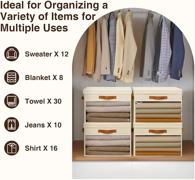 Homsorout Large Storage Bins with Lids - 6 Pack Foldable Decorative Organizers with Clear Windows & Handles, Cube Storage Organizers for Clothes, Blankets, Sweaters, Sheets, Beige