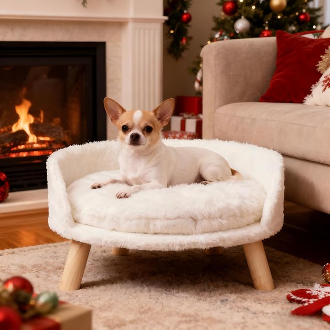 Elevated Dog Bed: Raised Dog Bed Round with Cozy Pad Waterproof - Nordic Wooden Doggie Sofa Bed with Sturdy Wood Legs Anti Slip for Medium Dogs Rabbit