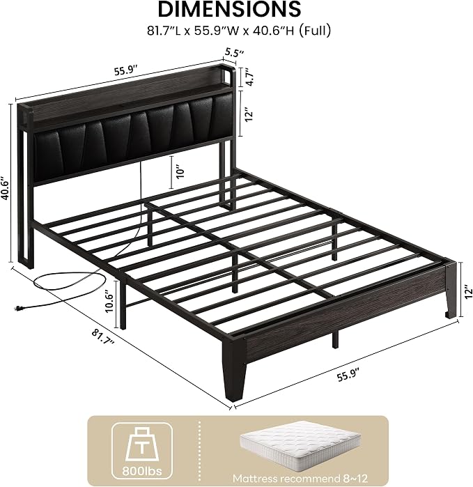LIKIMIO Full Size Bed Frame, PU Leather Storage Headboard with Charging Station, Solid and Stable, Noise Free, No Box Spring Needed, Easy Assembly, Black