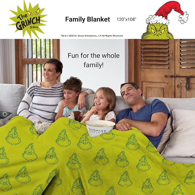 Dr. Seuss The Grinch Holiday Christmas Bedding Super Cozy Oversized Family Size Blanket, 120 in x 108 in, (Officially Licensed Product) By Franco Collectibles