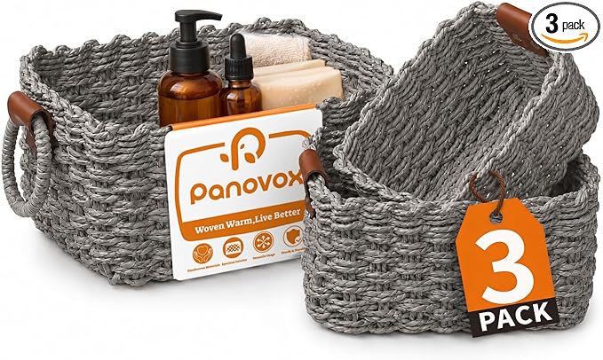 Small Wicker Baskets, 3 PCS Paper Rope Baskets for Shelves, Gray | Recycled Small Baskets, 3 Sizes Woven Baskets for Organizing, Decorative Storage Baskets for Bedroom and Bathroom