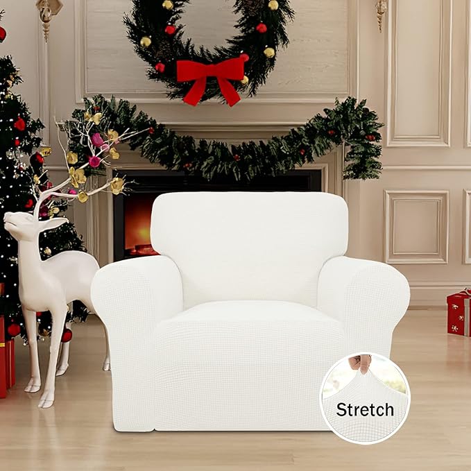 Easy-Going Stretch Chair Sofa Slipcover 1-Piece Couch Sofa Cover Furniture Protector Soft with Elastic Bottom for Kids, Pet. Spandex Jacquard Fabric Small Checks (Chair, Cream)