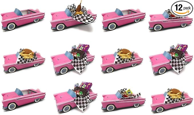 12 Classic Car Party Food Boxes with Wax Paper - 50's Pink Birthday Set