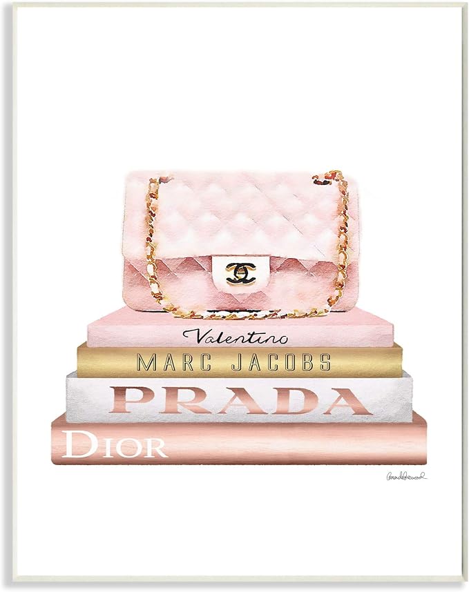 'Fashion Designer Purse Bookstack Pink White'| Wall Plaque Art | Stupell Industries | 13 x 19 Inches, Easy to Hang and Sturdy, Made in USA, by Amanda Greenwood