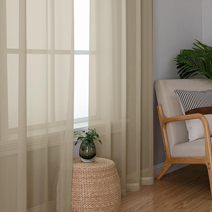 Lecloud Taupe Sheer Curtains 96 Inches Long 2 Panels, Modern Voile Solid - Image 2