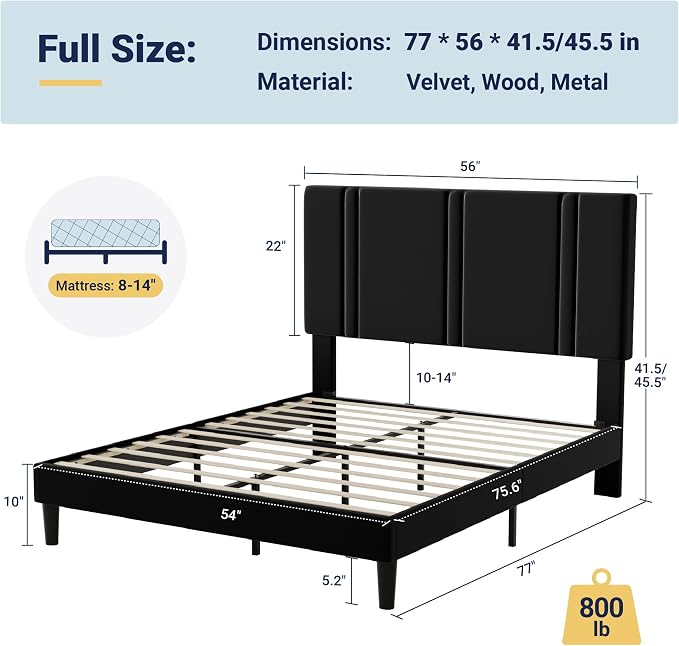 Allewie Full Size Platform Bed Frame with Adjustable Headboard | Plush Velvet Upholstered, Vertical Channel Tufted, Sturdy Wood Slats, No Box Spring Needed, Easy Assembly, Black
