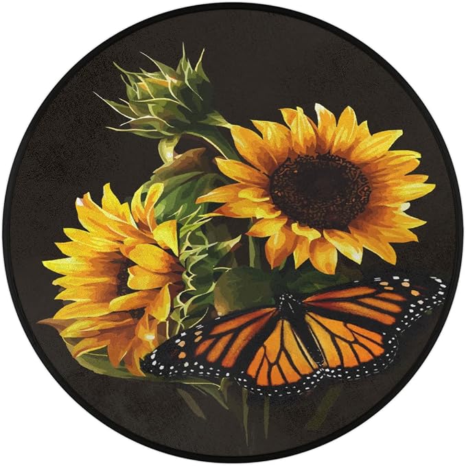 Butterfly Sunflower Round Area Rug, Sunflower Pattern Non-Slip Circle Rug for Bedroom Living Room Outdoor Study Playing Floor Mat Carpet, 5.2' Diameter