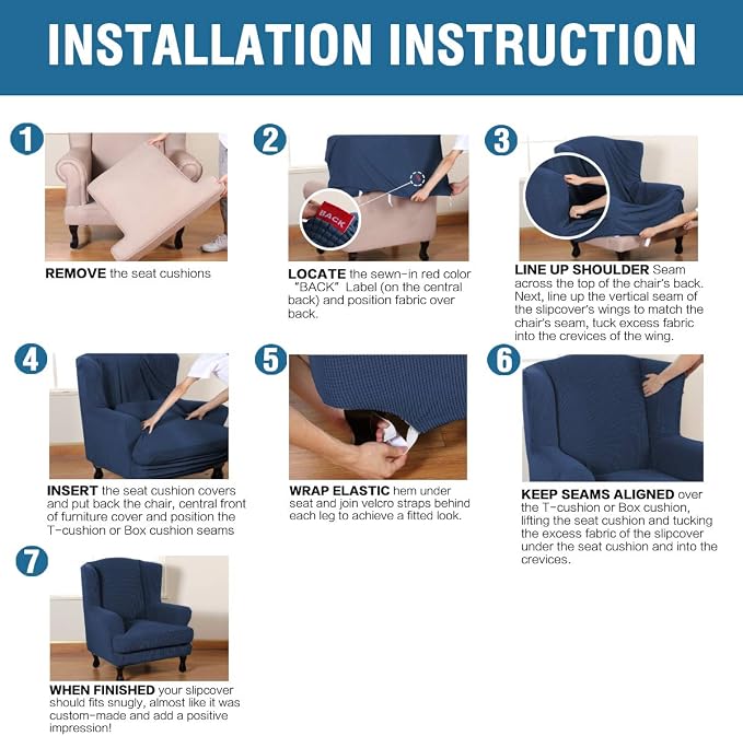 H.VERSAILTEX 2 Piece Stretch Jacquard Wingback Chair Covers Slipcovers Wing Chair Covers (Base Cover Plus Seat Cushion Cover) Furniture Covers for Wingback Chairs, Form Fitted Thick Soft, Navy