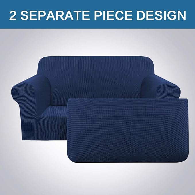 H.VERSAILTEX 2 Piece Loveseat Slipcovers Stretch Furnitue Cover Fit Lovesat Width Up to 70 Inch, Spandex Jacquard Fabric Sofa Protector Suit for T Cushion/Box Cushion- Loveseat - Navy