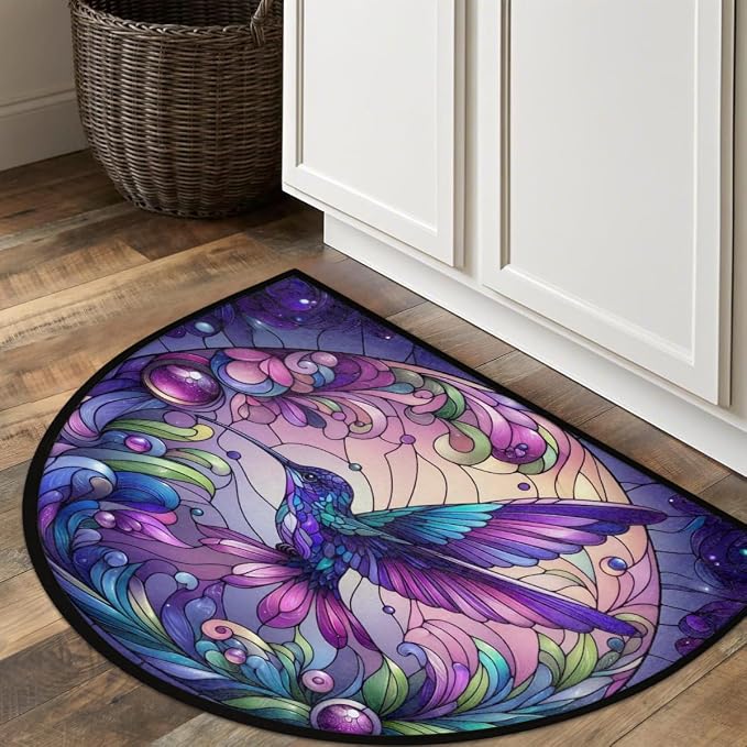 Purple Hummingbird Half Round Door Mat Semi Circle Rug Half Moon Doormat | Purple Hummingbird Soft Washable Welcome Entrance Mat for Outdoor Indoor Floor Bedroom Bathroom Home Kitchen Festival Decor