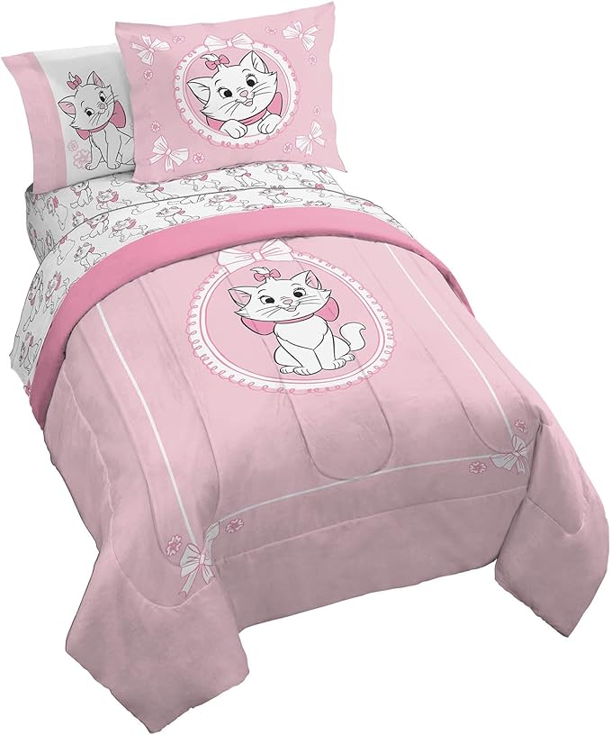 Disney Aristocats Marie Queen Comforter Set 7 Piece Kids Bedding, Pink | Bed in a Bag, Comforter Sheets Shams Pillowcases, Official Brand, Soft Microfiber, Machine Washable, Girls Gift