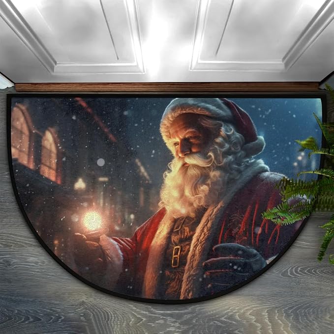cfpolar Christmas Winter Santa Claus Half Round Door Mat Indoor Entrance Half Circle Area Rug Semi Circular Door Mat Half Moon Rug for Floor Bathroom Living Room Bedroom Kitchen Fireplace 24"x36"