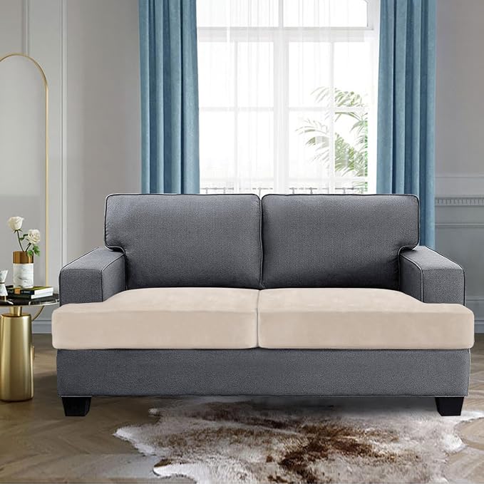 H.VERSAILTEX Stretch Velvet 2 Piece T Cushion Sofa Slipcovers for Living Room Individually Sofa Covers for 2 Cushion Seat Cushion Covers Stay with Elastic Bands (Sofa, Cream)
