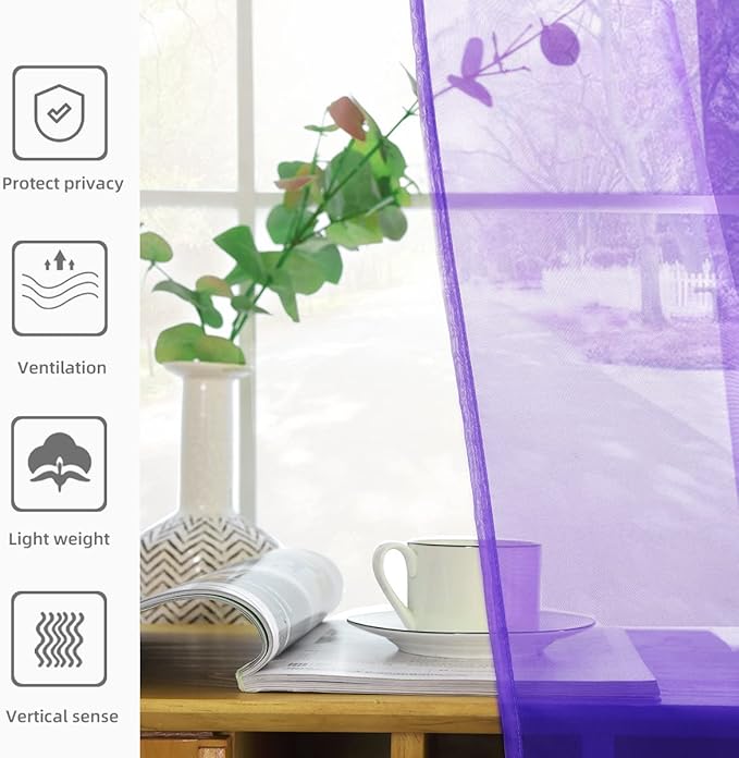 youleyar Solid Sheer Rod Pocket Curtain Voile Draperies 2 Panels White Beige Black Grey Coffee 52 Inch Width 96 Inch Long 1 Pair for Kitchen Bedroom Children Living Room Yard (Purple,52Wｘ96L)