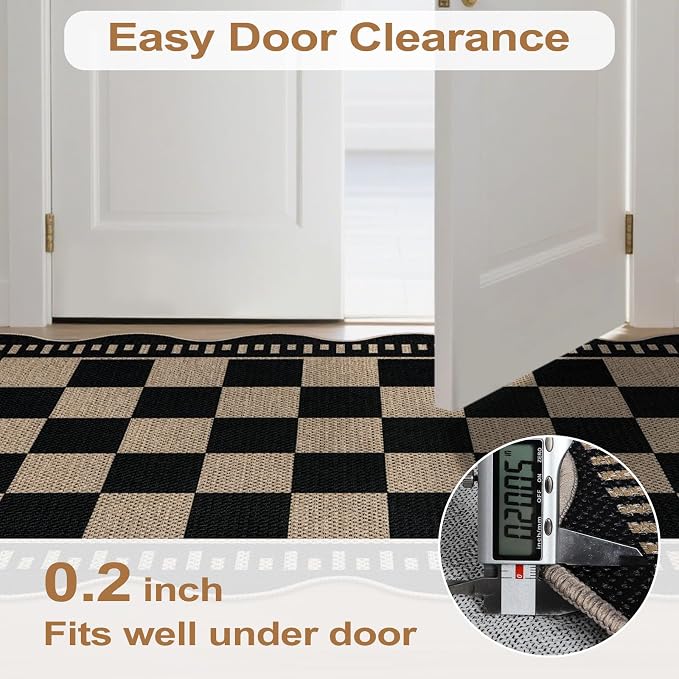 Checkered 2x6 Kitchen Runner Rug, Washable Rugs for Entryway Non Slip Outdoor Indoor Checkerboard Hallway Rug, Farmhouse Scalloped Carpet for Front Door Bedroom Laundry