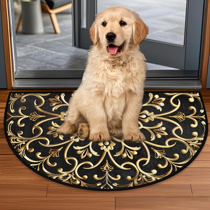 Half Round Door Mat Mandala Gold Ethnic Half Moon Rug Mandala Flower Washable Half Circle Area Rugs Indoor Entrance Non Slip Semi Circle Bathroom Rugs Floor Carpet for Kithen Bedroom Fireplace Decor