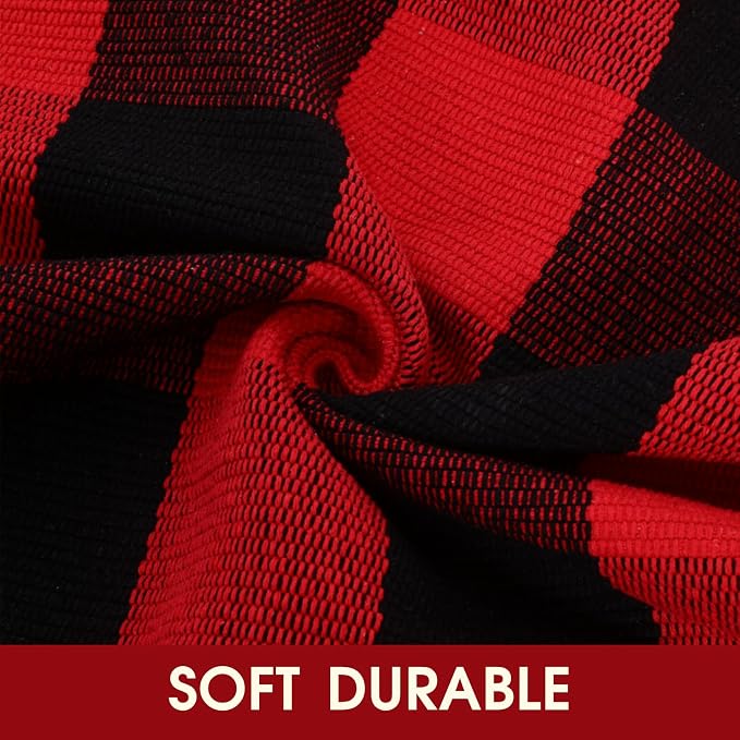 Christmas Red and Black Plaid Rug, 24 x 51 Inches Cotton Hand-Woven Layered Door Mat for Front Porch, Entryway, Outdoor Holiday Decor, Washable Buffalo Check Rug for Home, Patio, Kitchen