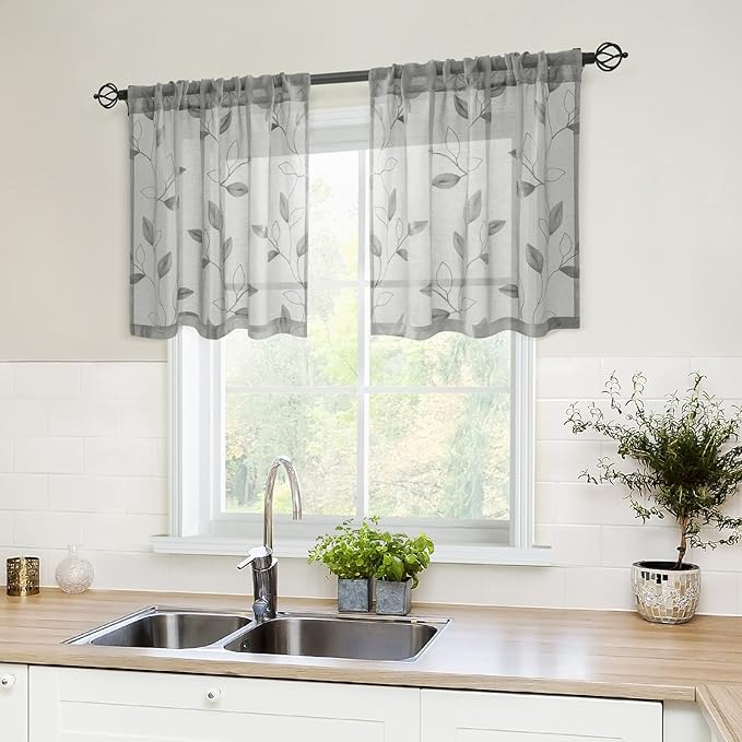 HOMEIDEAS Grey Sheer Kitchen Curtains 30 X 24 Inch Length 2 Panels Embroidered - Image 4