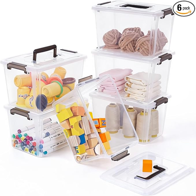 Citylife 6 Packs 6 QT Plastic Storage Bins with Latching Lids Clear Storage Box with handle Stackable Storage Containers for Organizing Snacks, Crafts, Toys, Tools
