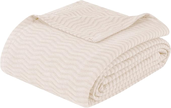 Superior JENA Cotton Blanket, for Picnic, Beach, Traveling or Camping, Bedroom Decor, Essentials, Cover for Bed, Couch, Lounging, Textured Jacquard, Modern Chevron Woven Blanket, Twin, Ivory