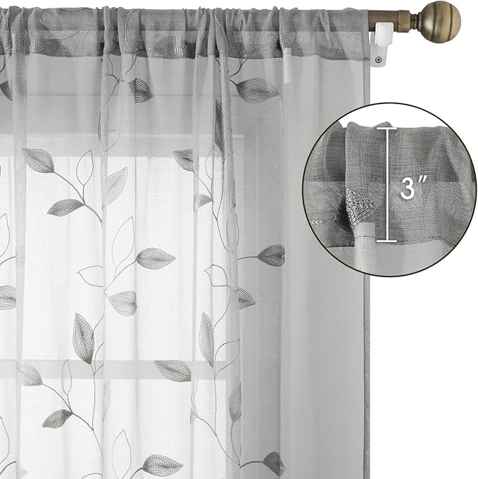 HOMEIDEAS Grey/Gray Sheer Kitchen Curtains 52 x 45 Inch Length 2 Panels - Image 3