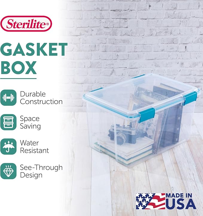 Sterilite Gasket Storage Box with Lids for Home & Office, 54 Quart, 8-Pack | Heavy-Duty, Stackable, and Organizing Containers for Bathroom, Cabinet, Closet, and Garage, Clear and Blue Aquarium Latches