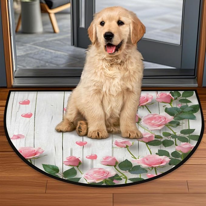 Wooden Half Round Doormat Non-Slip Semi Circle Rug Half Moon Mat | Pink Rose Flower Washable Soft Absorbent Indoor Outdoor Entrance Kitchen Bathroom Sink Patio Welcome Fireplace Floor Rug