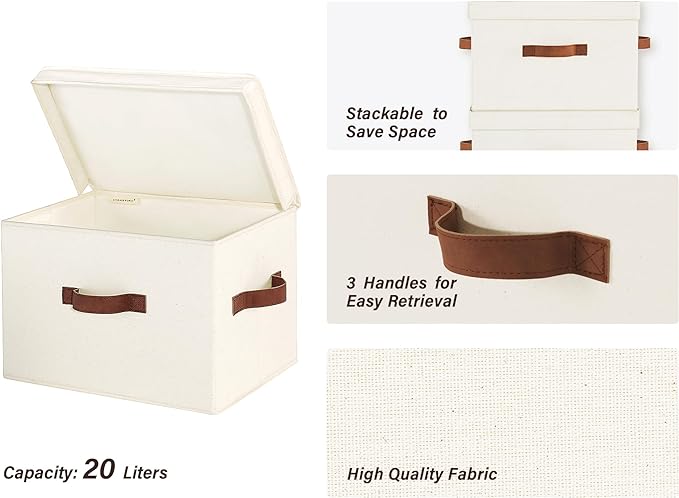 StorageWorks Fabric Storage Bins with Lid, Decorative Storage Boxes for Shelves, Stackable Closet Organizer Basket with Handles, Large, Ivory White, 2-Pack | Flip-Top Lid, 3 Handles, Collapsible, Stackable, for Clothes Blankets, Multi-Purpose, Large, I...