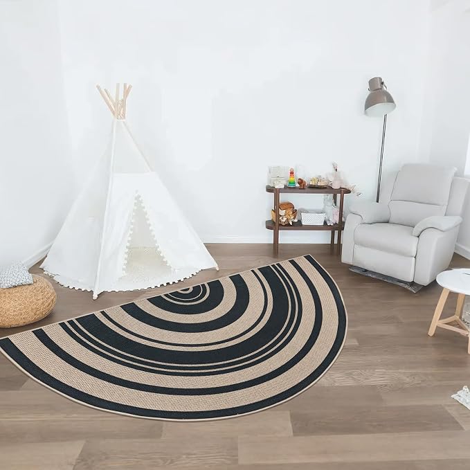 Easy Jute Rug 3x6Ft Half Circle Rainbow Carpet for Farmhouse Bedroom Carpet, Non-Slip Half Round Thin Neutral Floor Mat for Living Room Patio Kids Room Kitchen, Indoor Outdoor, Black 1