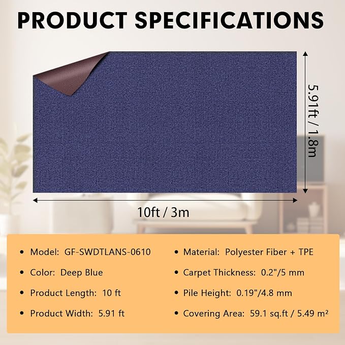Grefinity Marine Carpet,6 FT x 10 FT Deep Blue Indoor Outdoor Carpet 0.2" Thick Boat Rug with Water-Proof TPE Backing for Home, Patio, Porch, Deck