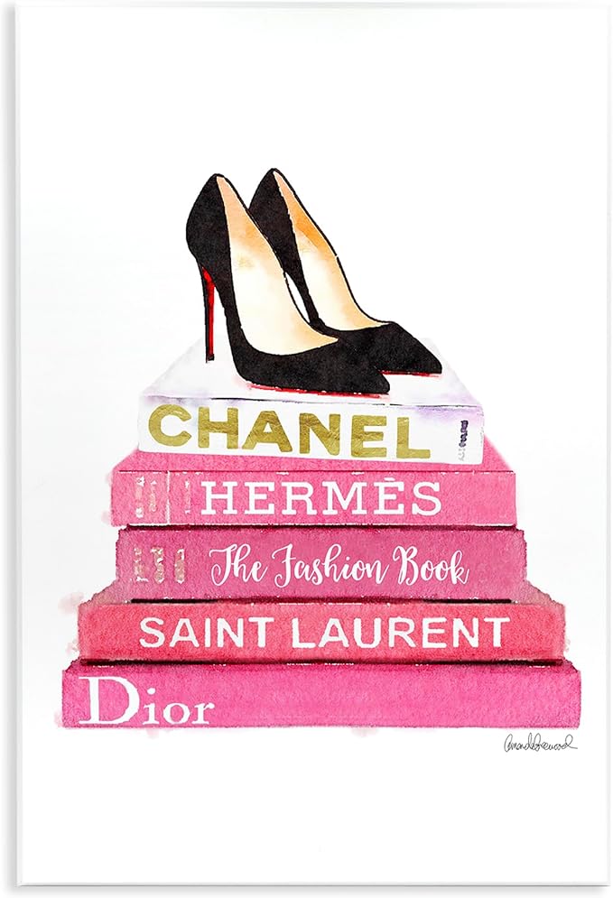 Glam Pink Fashion Bookstack, 10 x 15 Inch Mounted Print on Wall Plaque | Stupell Industries · By Amanda Greenwood · Ready to hang · Giftable accent for fashion lovers · Made in USA