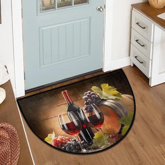 Pardick Wine Half Round Door Mat Welcome Entrance Mat Bath Bathroom Rug | Wine Welcome Entrance Mat Anti-Slip Half Moon Bath Mat Semi Circle Rug Indoor Outdoor Kitchen Rug