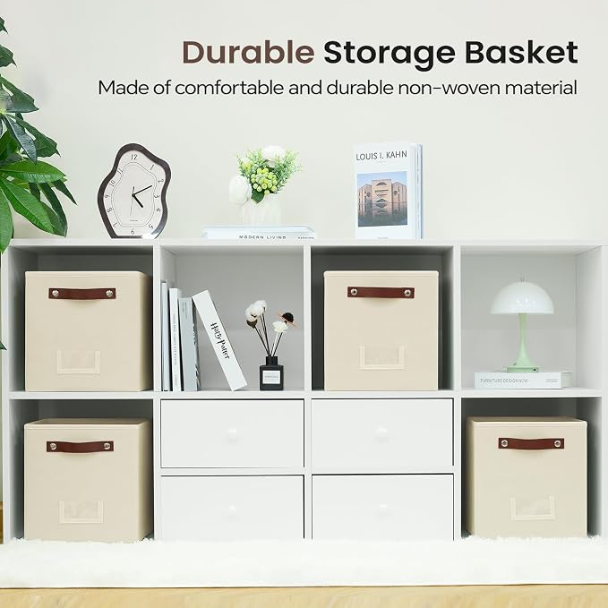 FinishingBo 10.5" x 11" Storage Bins with Labels 6 Pack | PU Leather Handles, Foldable Storage Cubes, Storage Baskets, Closet Storage, Beige
