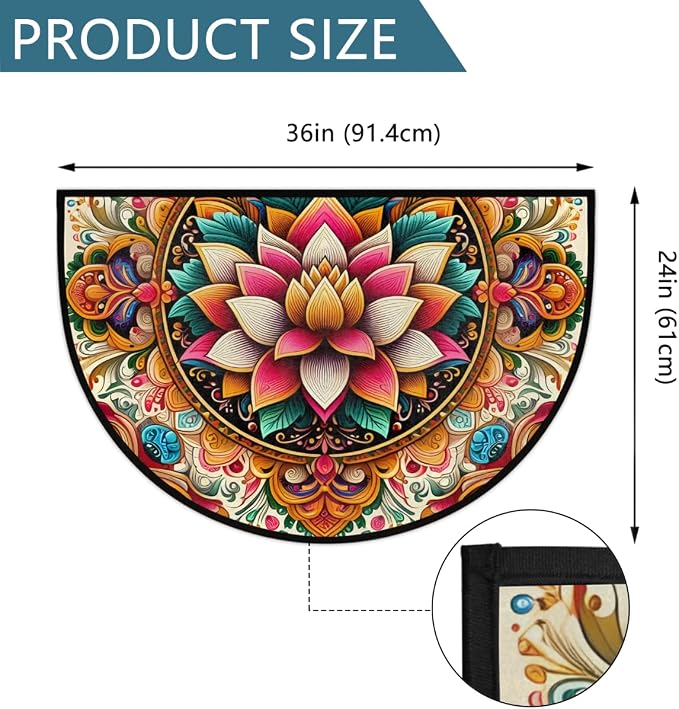 Ethnic Mandala Half Round Rug Half Moon Door Mat Half Circle Rugs | Ethnic Washable Non-Slip Semi Circle Rug Welcome Half Round Door Mat Indoor Entrance Kitchen Bedroom Living Room Decor