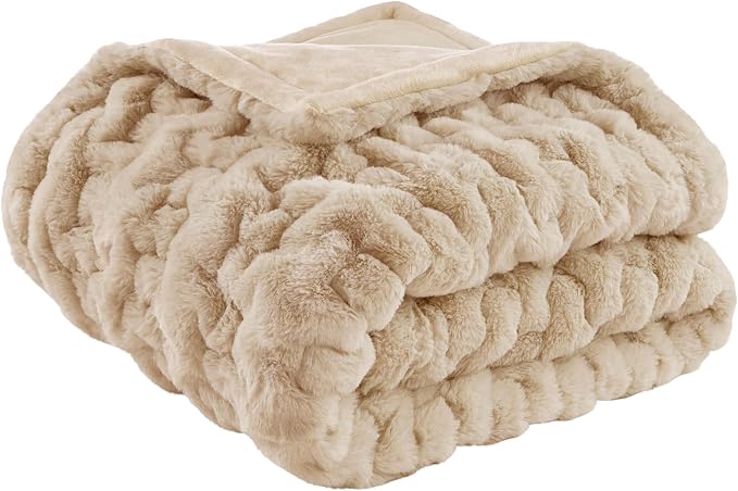 Madison Park Ruched Fur Throw Faux Fur Blanket for Sofa, 50" x 60", Tan | Luxury, Premium, Soft Cozy Brushed Long Pile, All Season Plush Modern OEKO- TEX Certification Warm For Bed, Couch or Sofa
