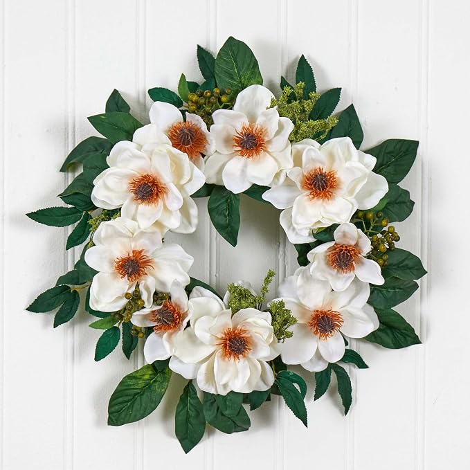 Nearly Natural 4793 22in. Magnolia Wreath,White | Billowy White Blooms with Berries and Buds, Premium Quality Craftsmanship, Perfect for Wall Accent and Door Styling