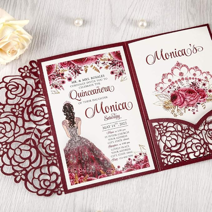 50PCS Customized Burgundy Quinceanera Invitations with Envelopes | 4.7x7 inch, Laser Cut, Invitation Cards for Miss XV, Sweet 16, 18th Birthday, Quince Invite,Quinceanera invitations, XV Anos
