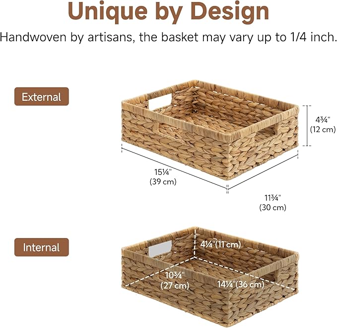 StorageWorks Wicker Storage Baskets for Shelves,Pantry Baskets,1-Pack | Water Hyacinth Pantry Baskets for Organizing,Wicker Storage Baskets for Organizing,Woven Baskets,15¼"L x 11¾"W x 4 ¾"H