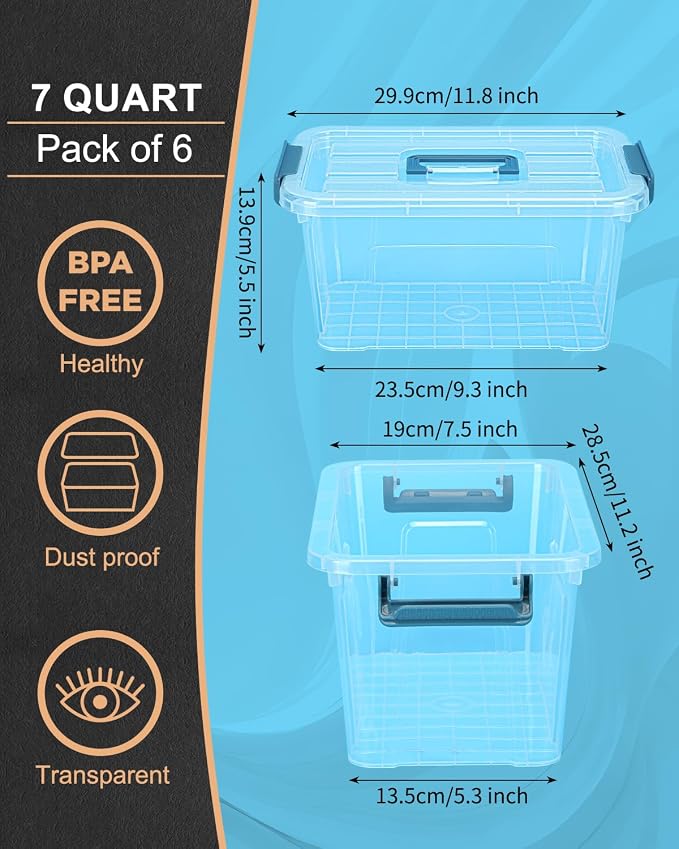 7Qt Clear Storage Bins with Lids,6-Pack Stackable Storage Containers With Buckle Latches.Perfect for LEGO, Crafts, Office Supplies, and Dorm Room Organization,Blue