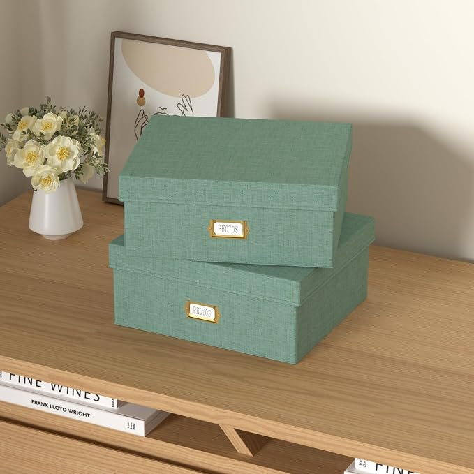Decorative Photo Storage Box, 2 Pack Linen Photo Box Hold 1700 4x6 Pictures | Photo Storage Containers with 8 Dividers, Memory Keepsake Organizer for Photos, Scrapbook Supplies, Cards, Stamps, Green