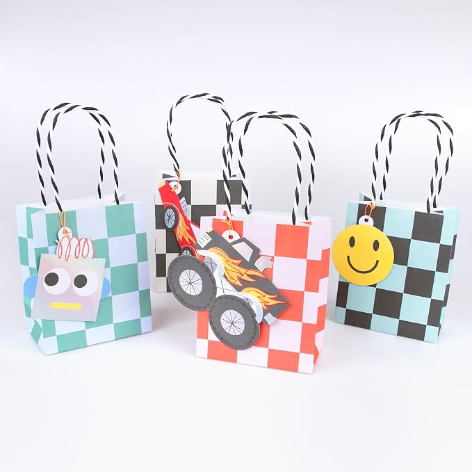 Meri Meri Toybox Icon Paper Party Bags (Pack of 8), 80s Theme Party Favor Bags, Colorful Tags & Stickers, Retro Birthdays, Ages 3+