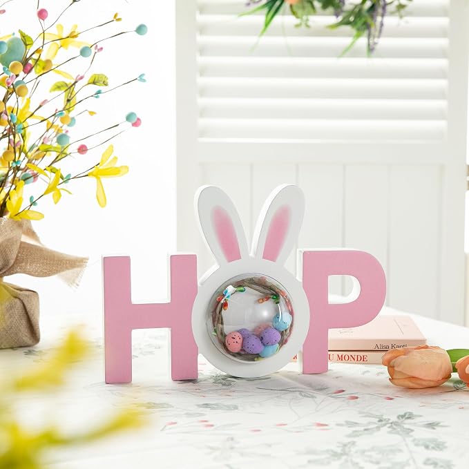 Glitzhome Wooden Easter Bunny Tabletop Sign Easter Hop Table Decor for Spring Easter Party Supplies Props