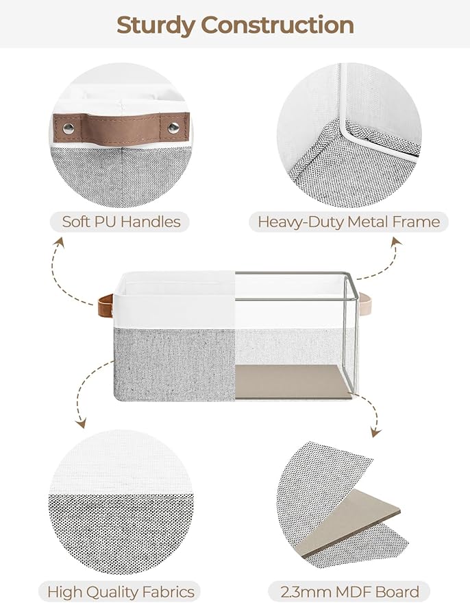 StorageWorks Narrow Storage Bins, Small Basket for Closet and Shelves, Rectangular Fabric Organizer with Handles, Toilet Paper Storage, Gray and White, 2-Pack