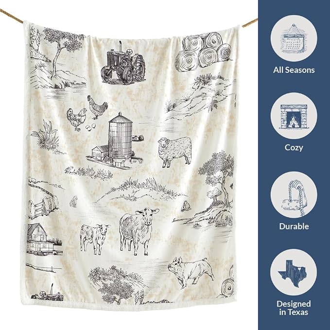 Indigo Hill by HiEnd Accents Farm Life Sherpa Throw Blanket, Brown American Farmstead Rural Life Print Western Blanket for Camping Outdoor, Sherpa Fleece Blanket for Couch, Sofa, Bed, 54x68 inch