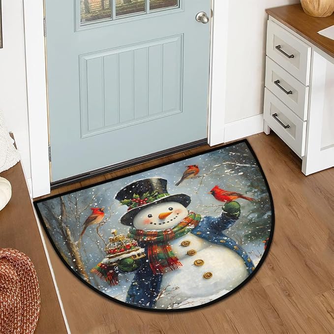 Christmas Xmas Half Round Door Mat Christmas Cardinal Cute Snowman Half Moon Rug Washable Half Circle Area Rugs Indoor Entrance Non Slip Semi Circle Rugs Floor Carpet for Kithen Bedroom Decorate Gift